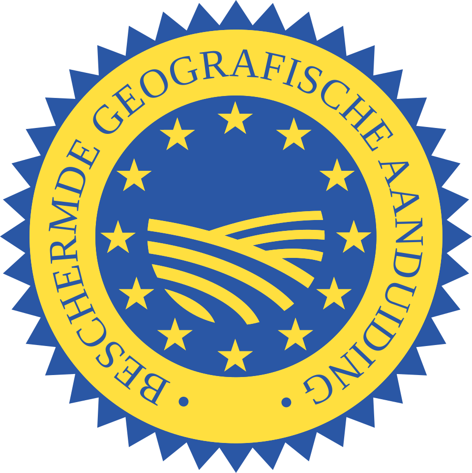 EU-keurmerk beschermde geografische aanduiding in blauw en geel