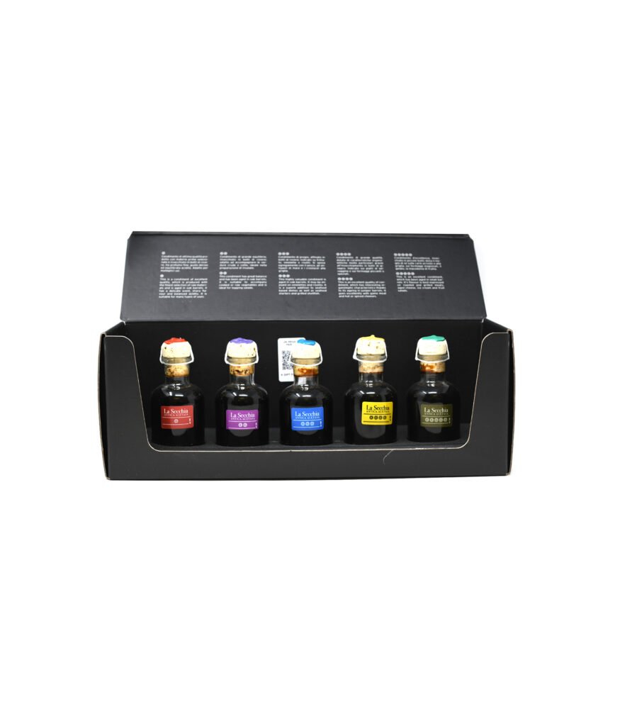 La Secchia - Verkostungsbox mit 5 Sorten Balsamico-Essig aus Modena IGP, mit verschiedenen Alterungen, 5 Flaschen 50 ml, Traditionale Balsamic