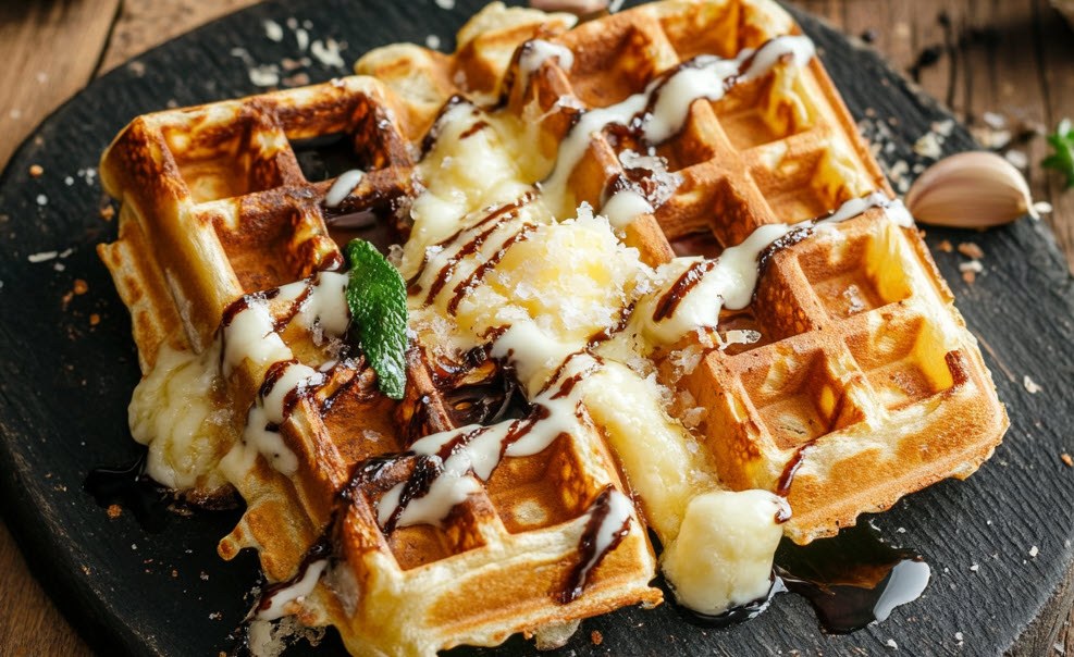 Herzhafte Waffeln mit Käse und Kräutern und Balsamico-Topping