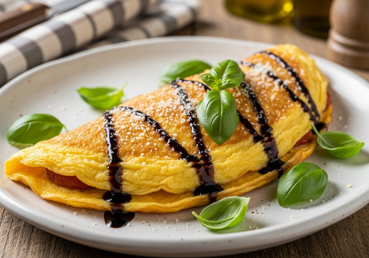 Italienisches Omlett mit Balsamico, Parmesan und frischem Basilikum auf einem rustikalen Teller