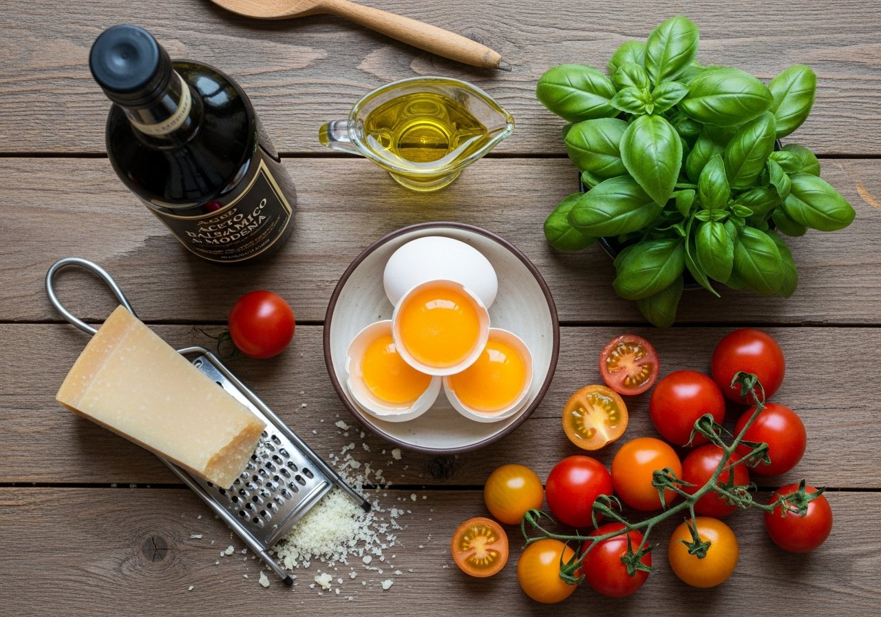 Zutaten für das Italienische Omlett mit Balsamico – Eier, Basilikum, Parmesan, Kirschtomaten und Balsamico-Essig