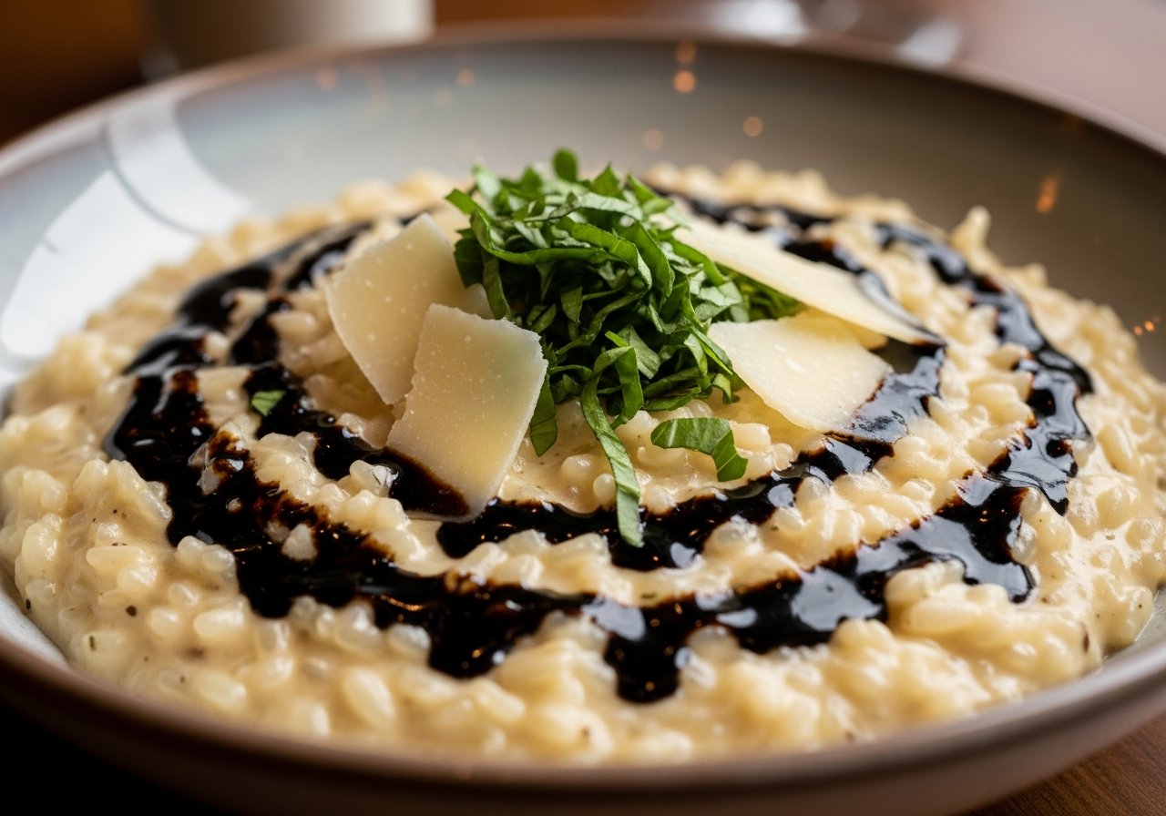 Cremiger Parmesan Risotto mit Aceto Balsamico Reduktion, frischen Kräutern und Parmesan-Spänen