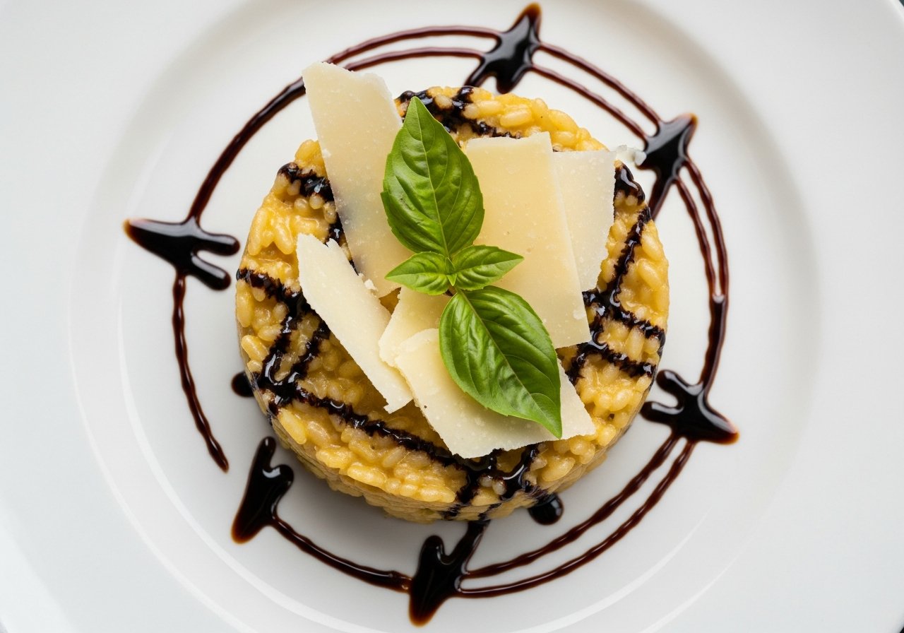Fertig angerichteter Parmesan Risotto mit Aceto Balsamico Reduktion, Basilikum und Parmesan-Spänen auf weißem Teller