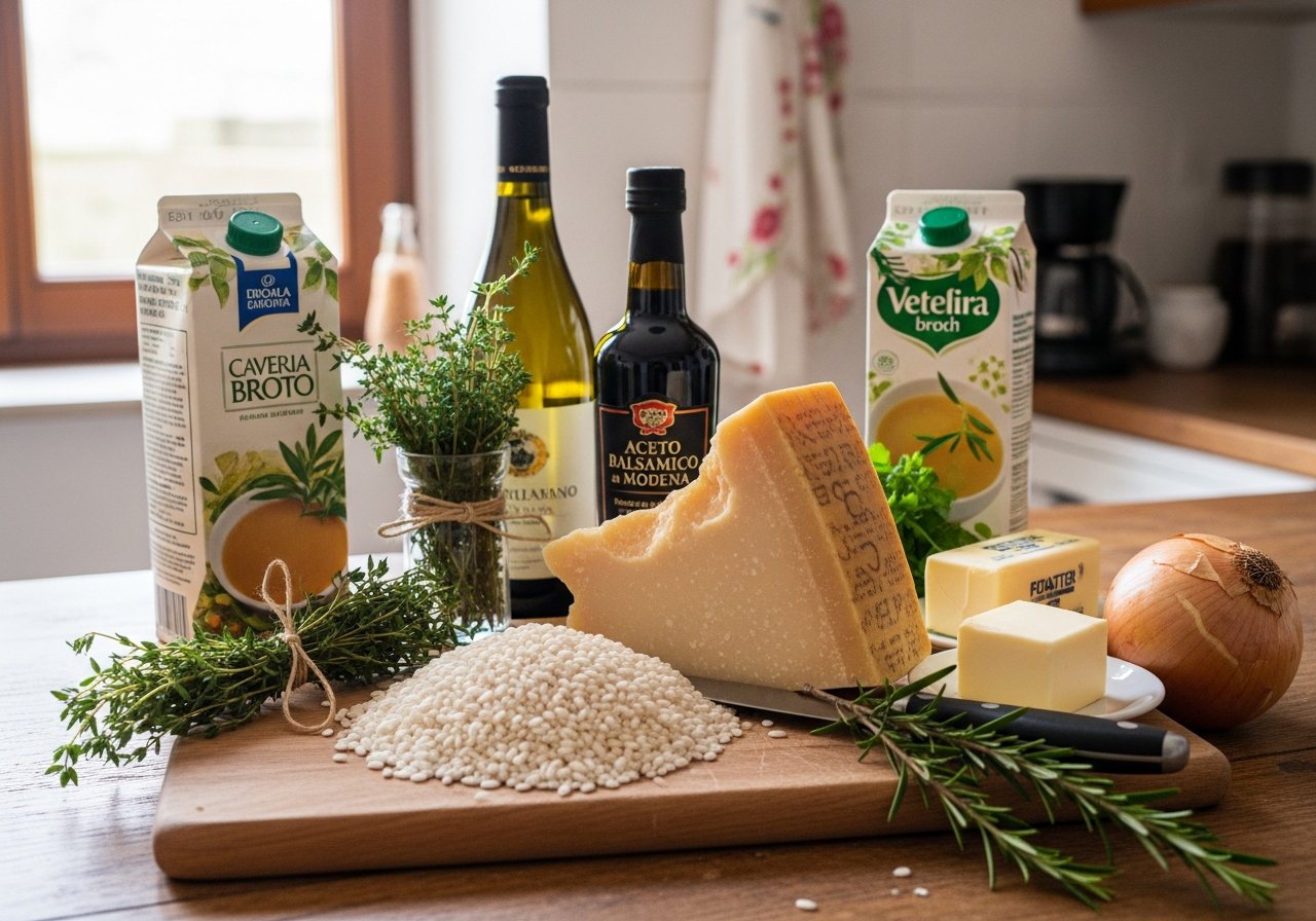 Zutaten für Parmesan Risotto mit Aceto Balsamico: Arborio-Reis, Parmigiano Reggiano, Balsamico, Kräuter und Weißwein