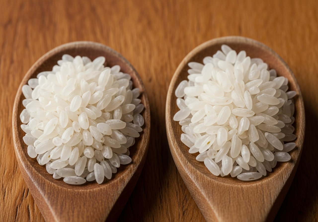 Nahaufnahme von Arborio und Carnaroli Reiskörnern für Parmesan Risotto auf einem Holzlöffel