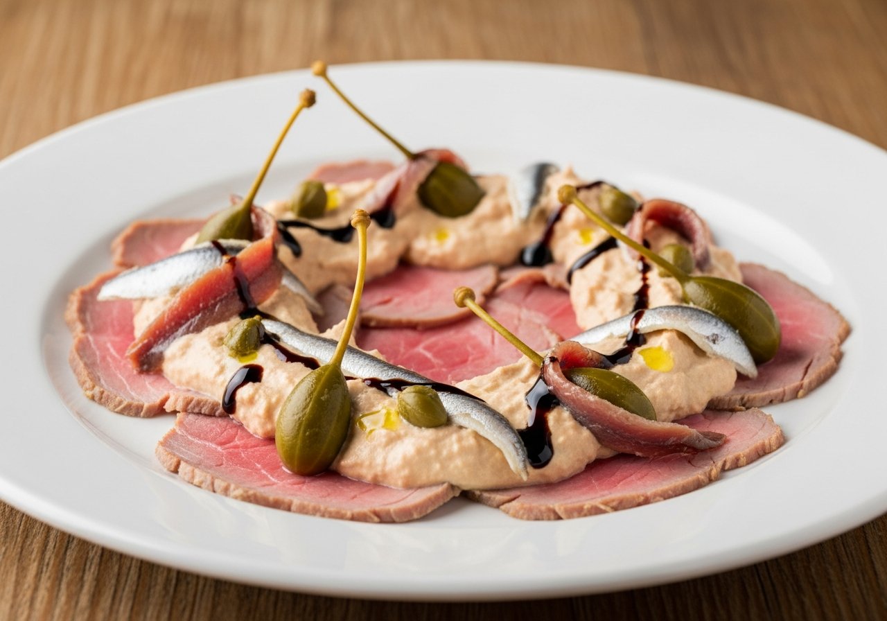 Teller mit Vitello Tonnato mit traditionellem Balsamico, Kalbfleisch, Thunfischsauce und Balsamico-Tropfen