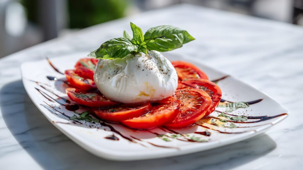 Burrata mit Tomate, Basilikum und einem Faden Aceto Balsamico auf einem Teller