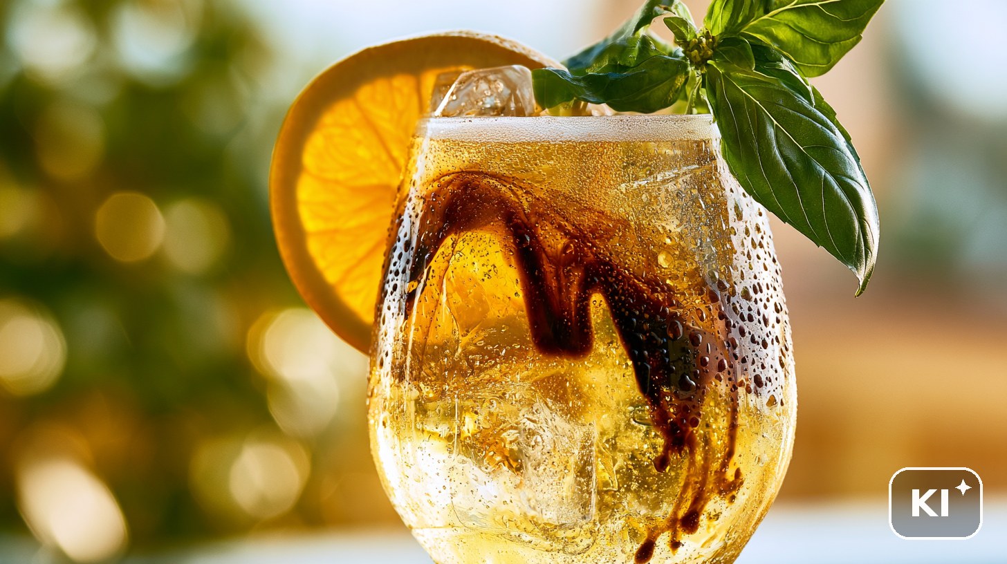 Balsamico Spritz mit marmorierter Balsamico-Schliere, Orangenscheibe und Basilikum