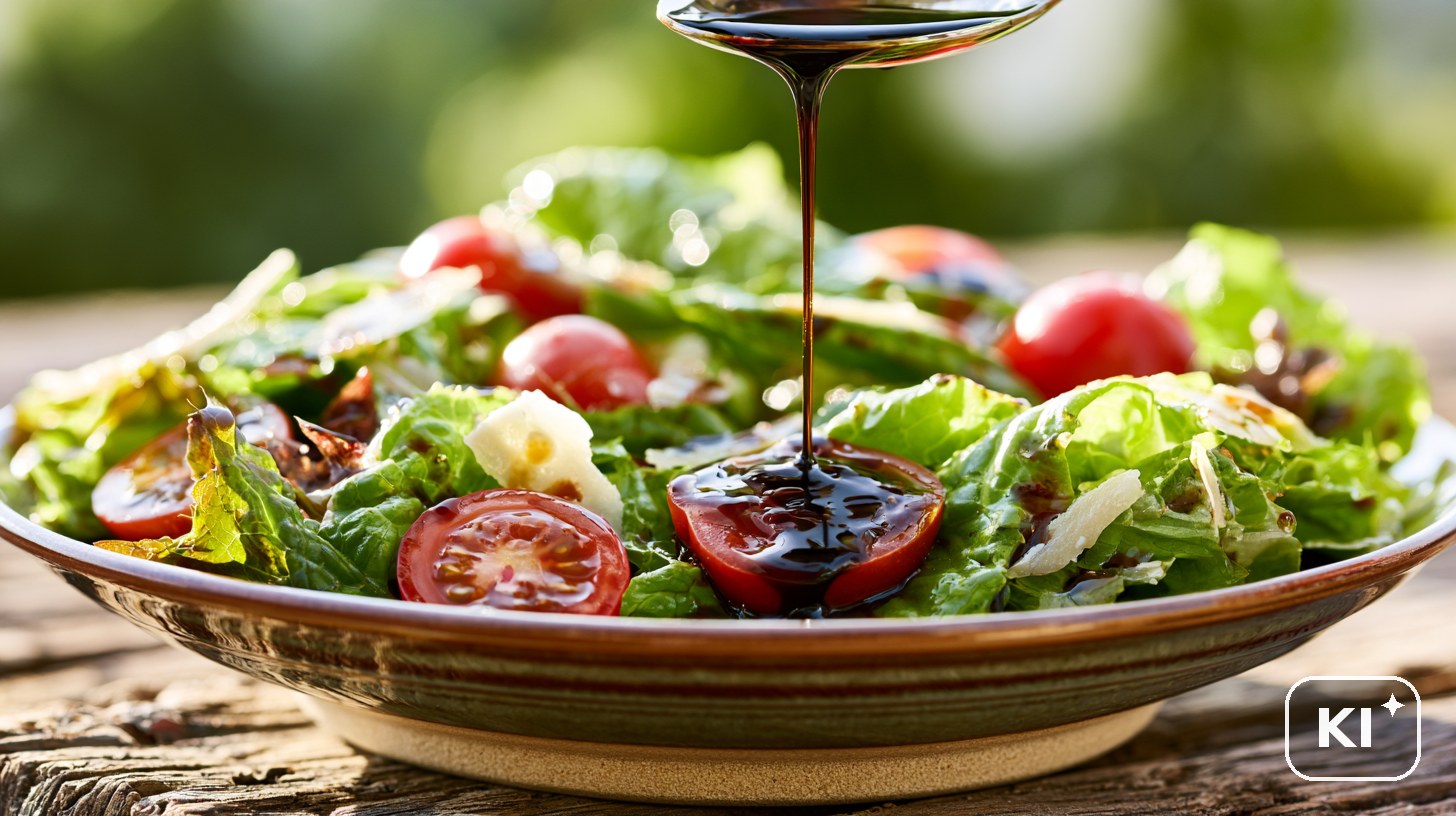 Frischer Sommersalat wird mit dunklem Balsamico-Dressing beträufelt