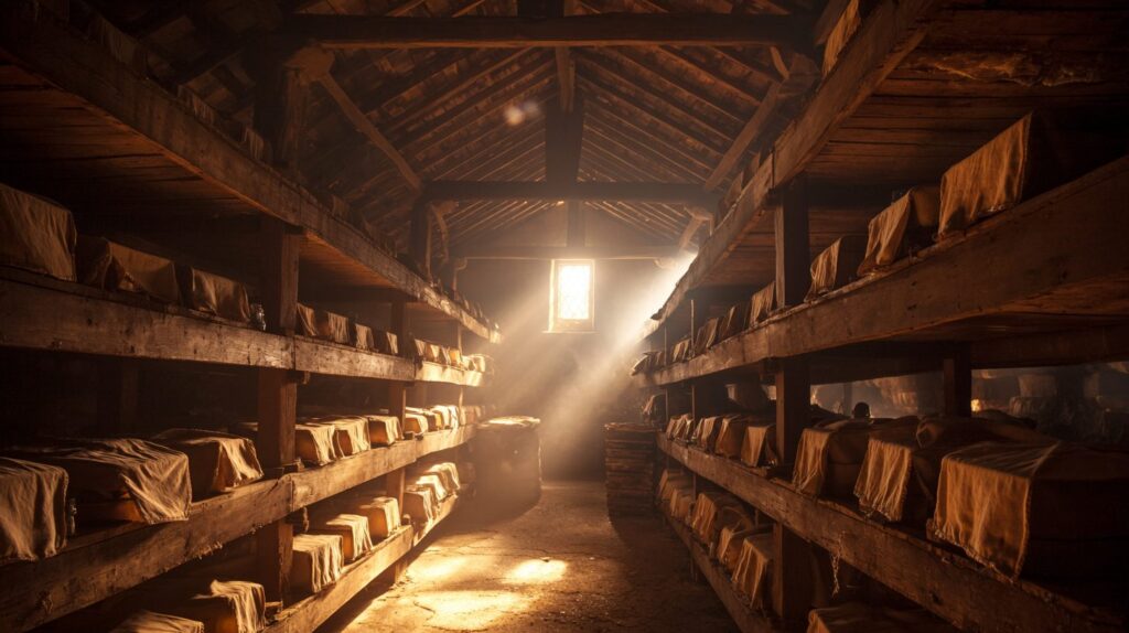 Reihen kleiner Holzfässer unter dem Dach einer traditionellen Acetaia im Lichtstrahl