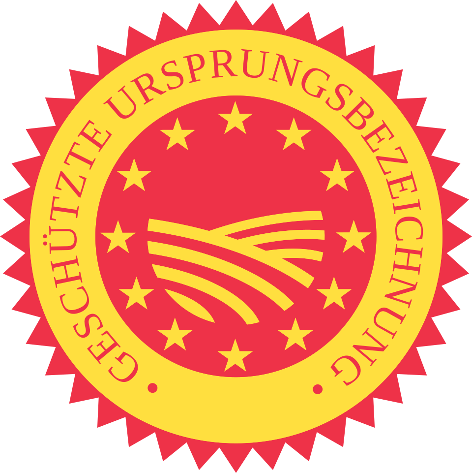 EU-Siegel geschützte Ursprungsbezeichnung in Rot und Gelb