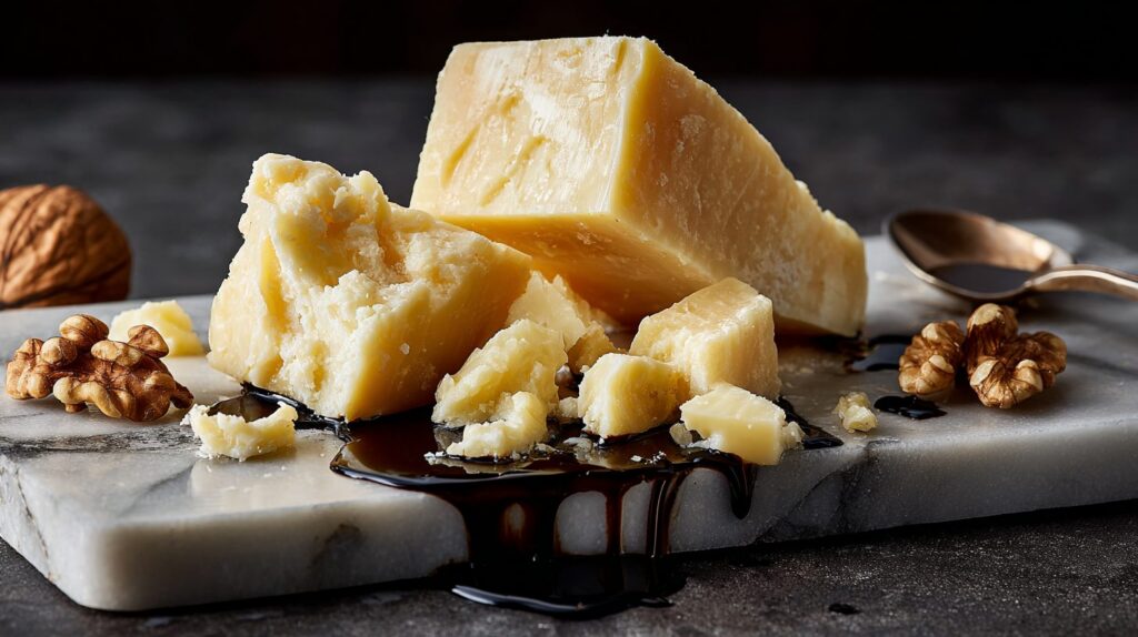 Stücke gereifter Hartkäse mit dunklen Tropfen gereiften Balsamicos auf Marmor