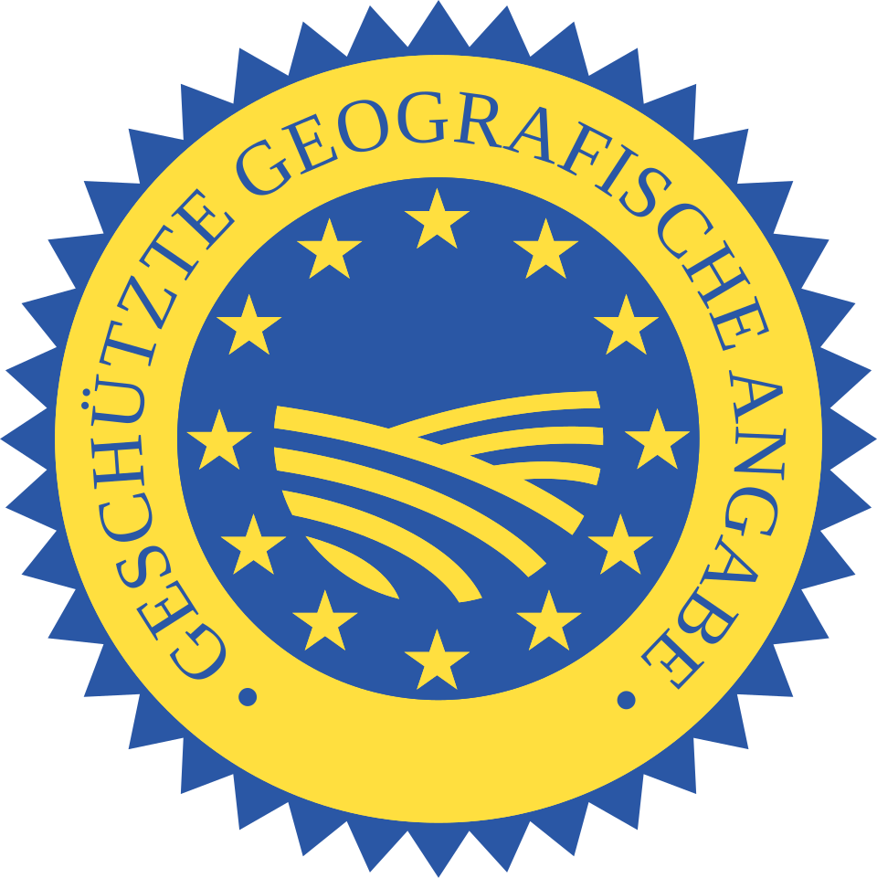 EU-Siegel geschützte geografische Angabe in Blau und Gelb