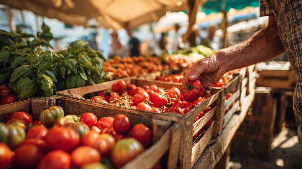 Reife Ochsenherz- und Strauchtomaten in Holzkisten an einem italienischen Marktstand