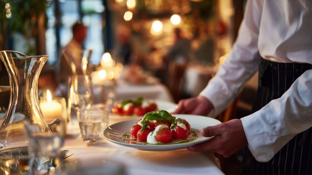 Kellner serviert einen Teller Caprese an einem Tisch in einem italienischen Restaurant