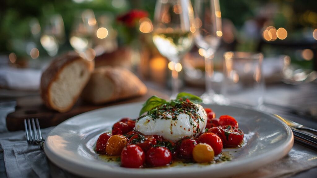 Burrata mit Tomaten schön angerichtet auf einem gedeckten Tisch für Gäste