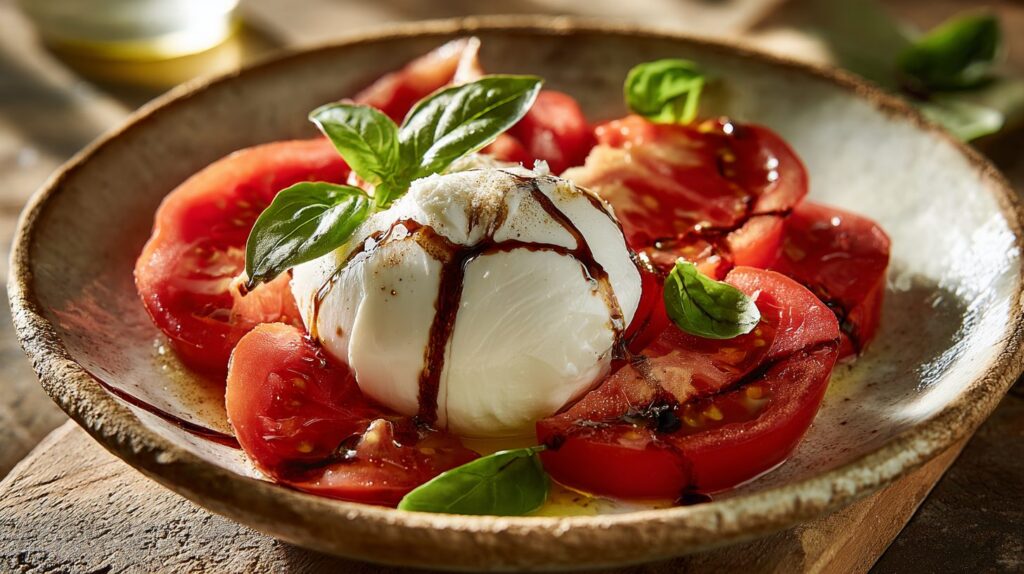 Aufgerissene Burrata über reifen Tomatenspalten mit Basilikum und Balsamico