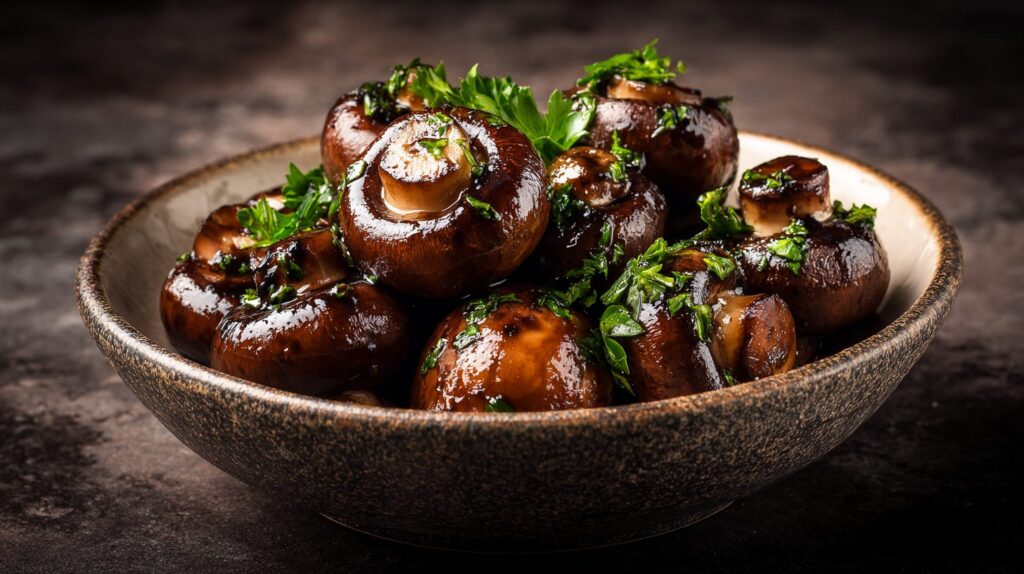 Glänzende braune Champignons in Balsamico mit Petersilie und Knoblauch in einer Schale