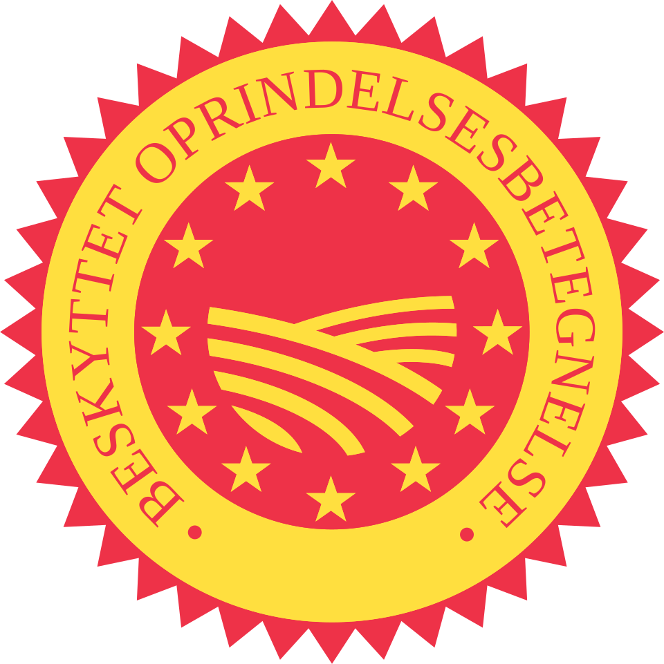 EU-mærket for beskyttet oprindelsesbetegnelse i rødt og gult