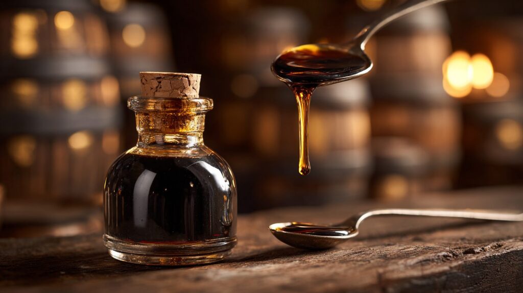 Lille flaske Aceto Balsamico Tradizionale med prop og en ske med en tyk mørk dråbe