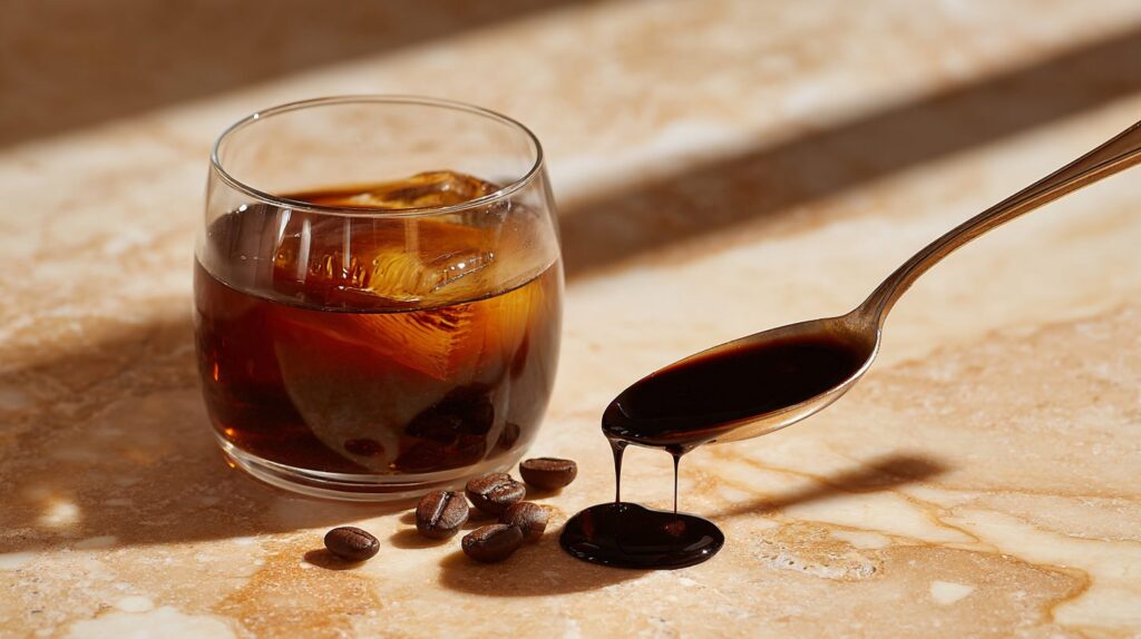 Ske med en tyk dråbe lagret balsamico ved siden af et glas iskaffe