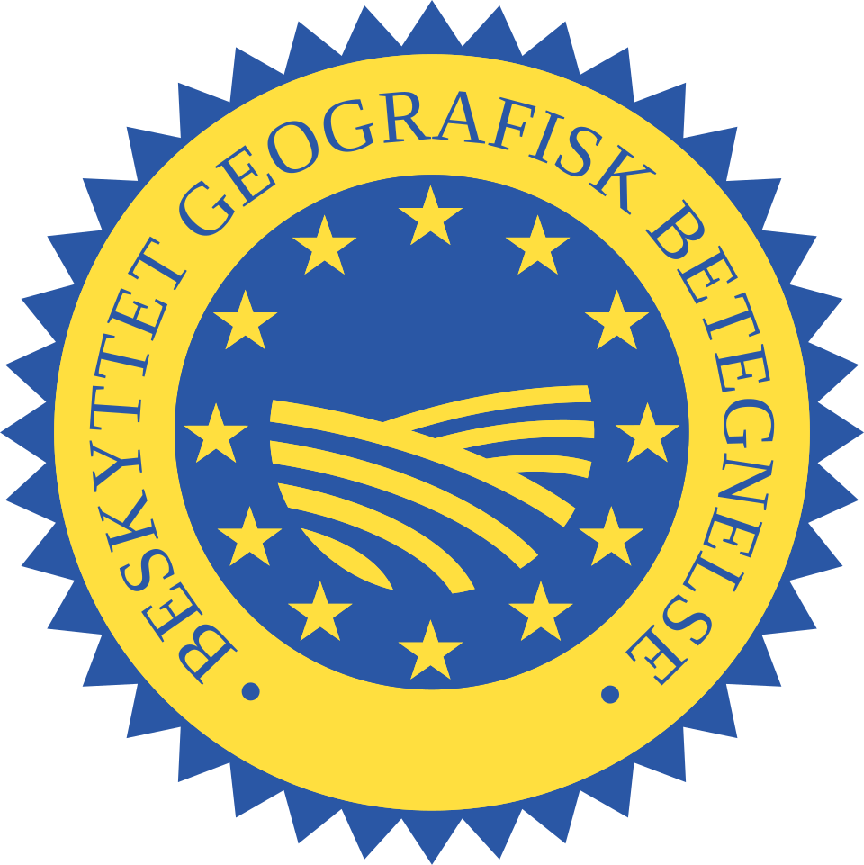 EU-mærket for beskyttet geografisk betegnelse i blåt og gult