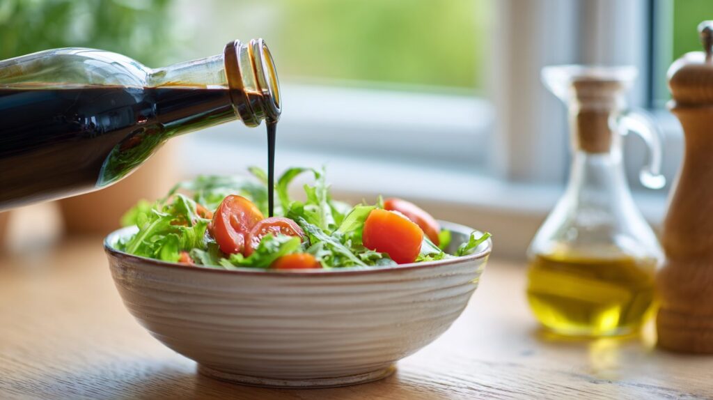 Mørk balsamico hældes fra en flaske over en frisk salat med tomater