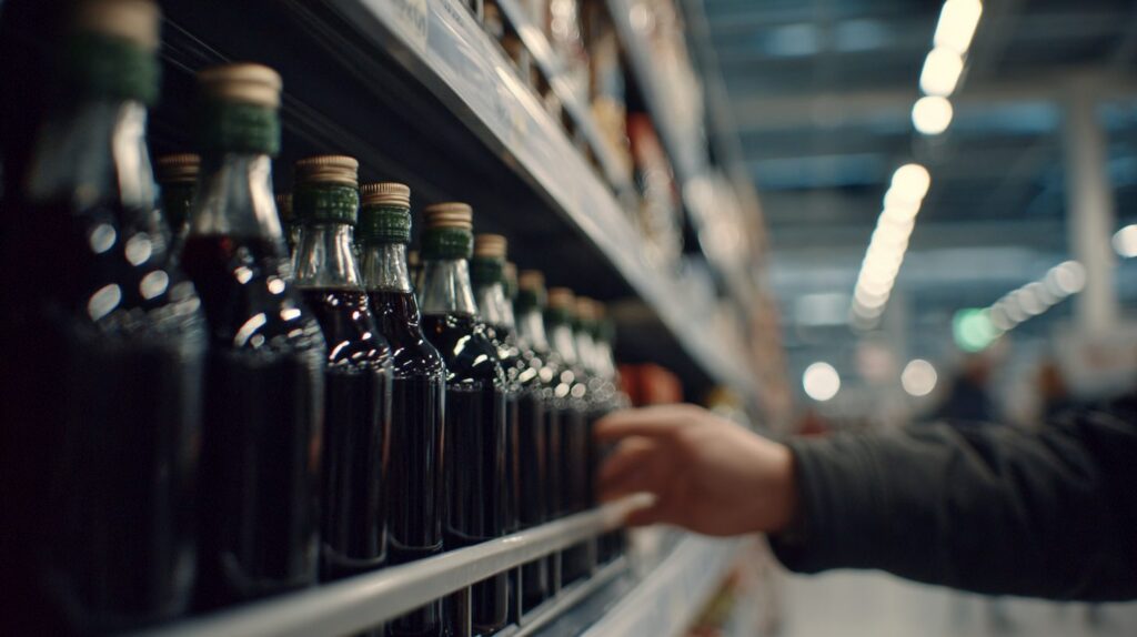 Hylde med mørke eddikeflasker i supermarkedet, en hånd griber efter en flaske