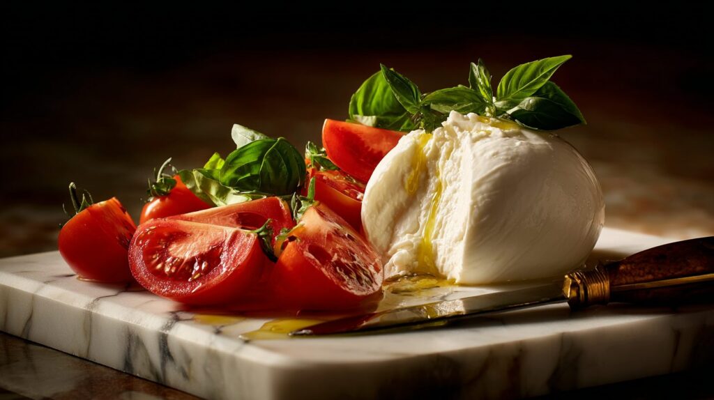 Opskåret burrata med flydende flødefyld ved siden af modne tomatbåde