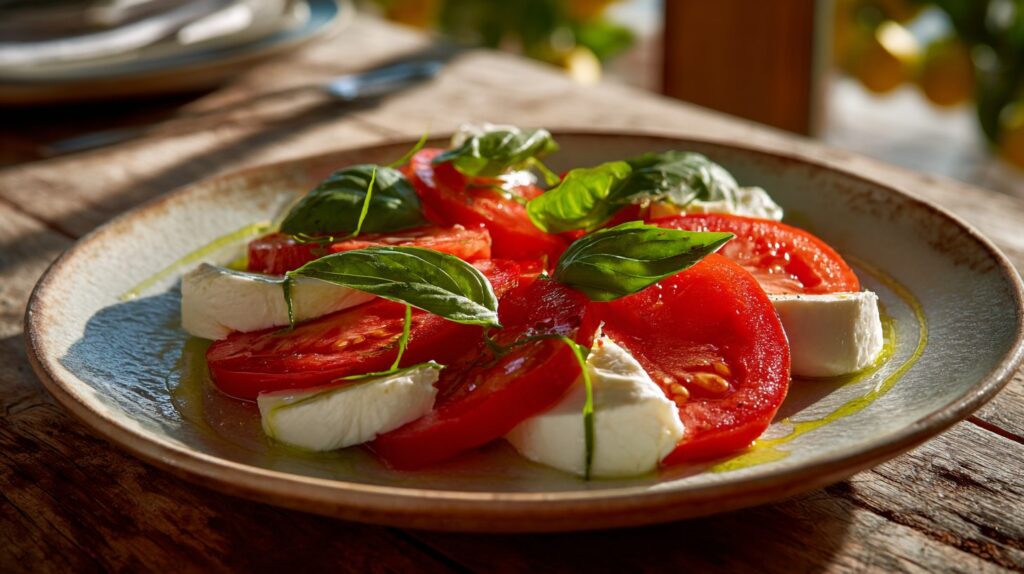 Klassisk caprese med tomatskiver, bøffelmozzarella, basilikum og olivenolie på en tallerken