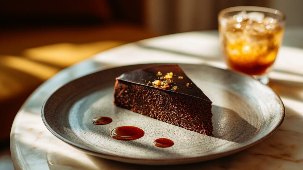 Et stykke Torta Barozzi med dråber Aceto Balsamico Tradizionale