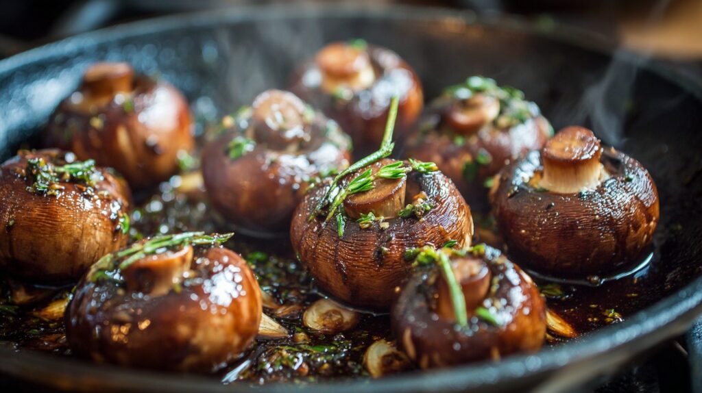 Hele brune champignoner steger i en pande med hvidløg, urter og balsamico