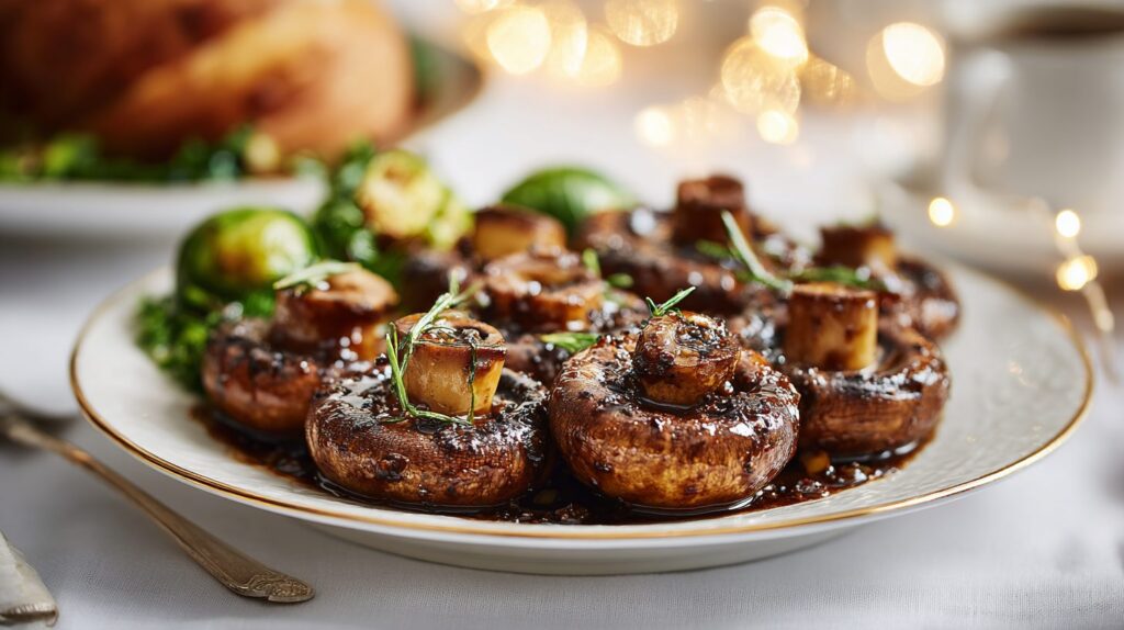 Balsamico-champignoner som tilbehør ved siden af en gennemskåren søndagssteg