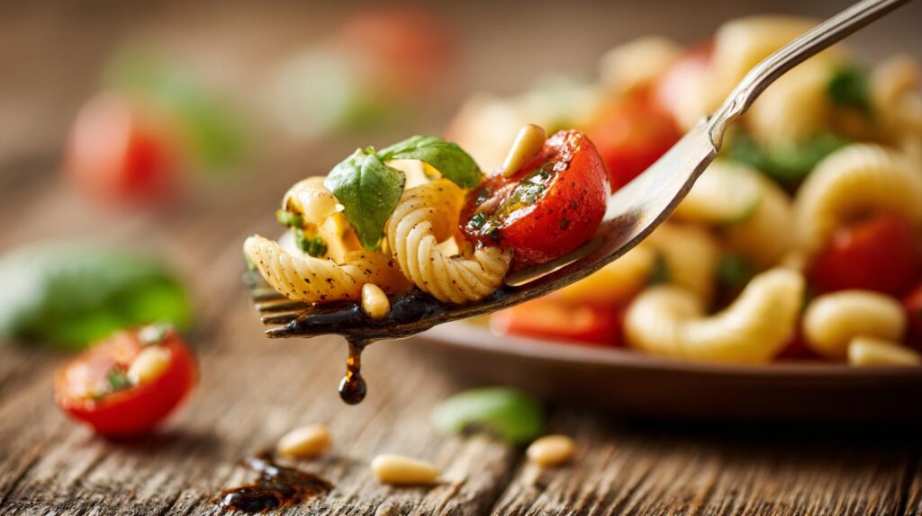 Gaffel løfter pastasalat med ristede pinjekerner, tomater og balsamicodressing