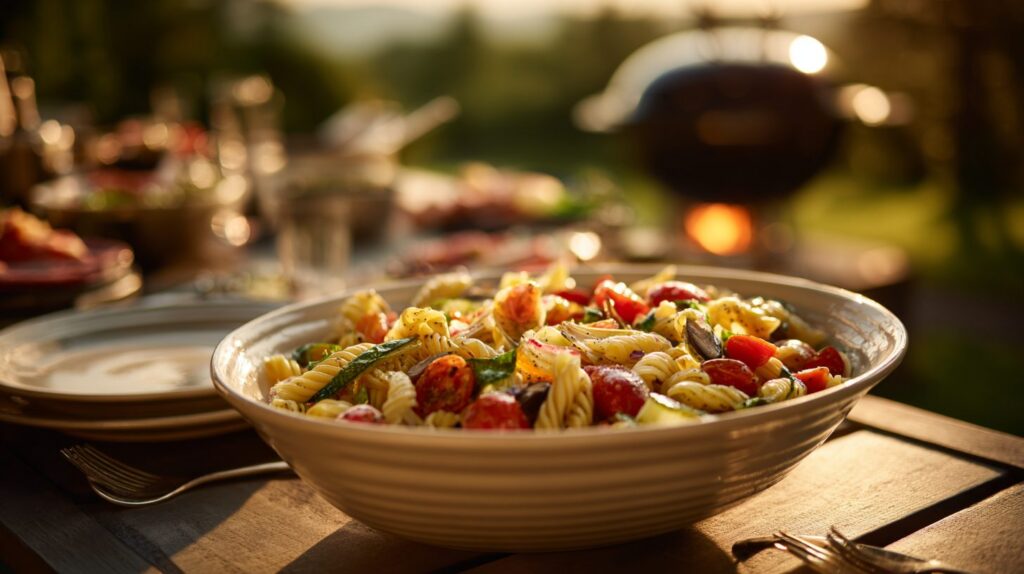 Stor skål pastasalat på et sommerligt bord ved siden af en grill