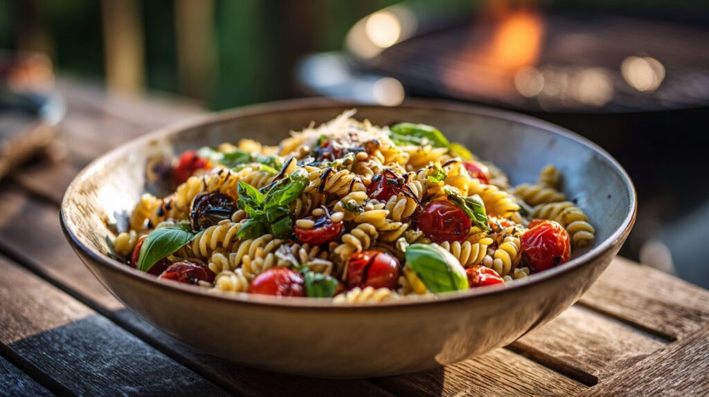 Italiensk pastasalat med pinjekerner, cherrytomater, basilikum og balsamico i en skål