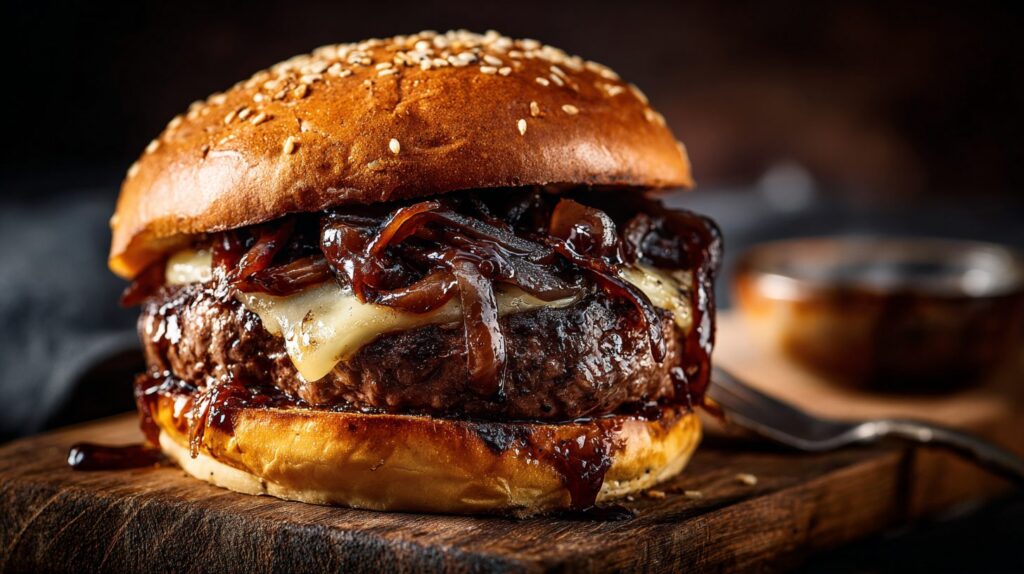Saftig burger i sesambolle med blanke mørke balsamicoløg ovenpå