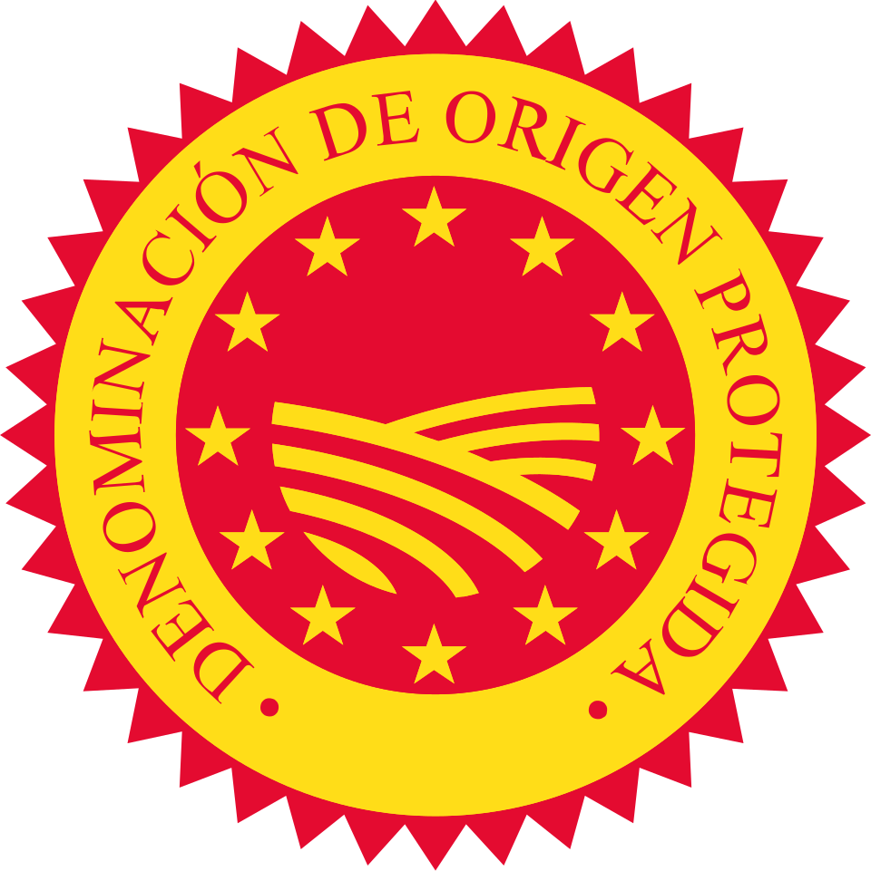 Sello europeo de denominación de origen protegida en rojo y amarillo