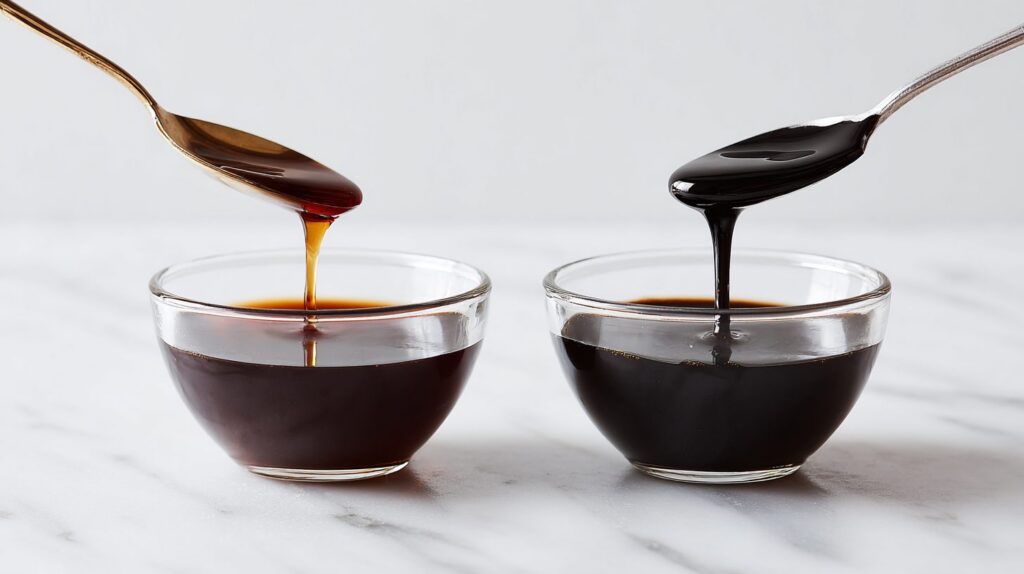 Dos cuencos con vinagre oscuro comparados, uno fluido y otro denso en la cuchara