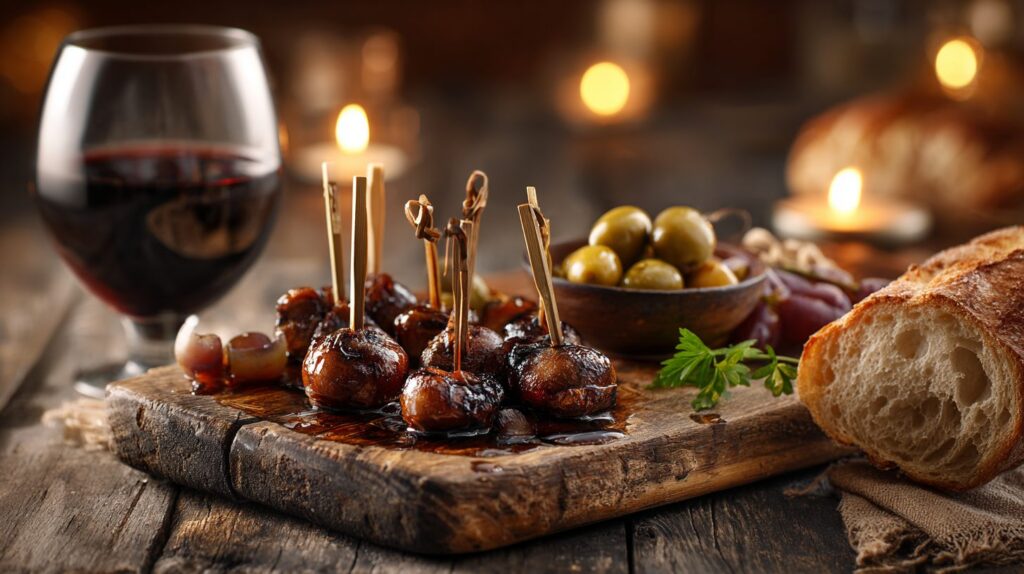 Champiñones al balsámico como aperitivo en una tabla de antipasti con pan, aceitunas y una copa de vino tinto