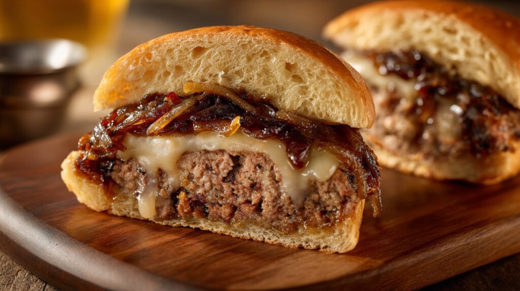 Hamburguesa cortada con la cebolla al balsámico oscura claramente visible entre la carne y el pan