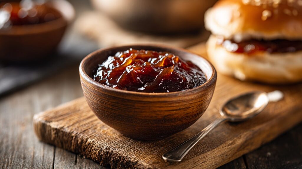 Pequeño cuenco con mermelada de cebolla al balsámico oscura y brillante junto a una hamburguesa