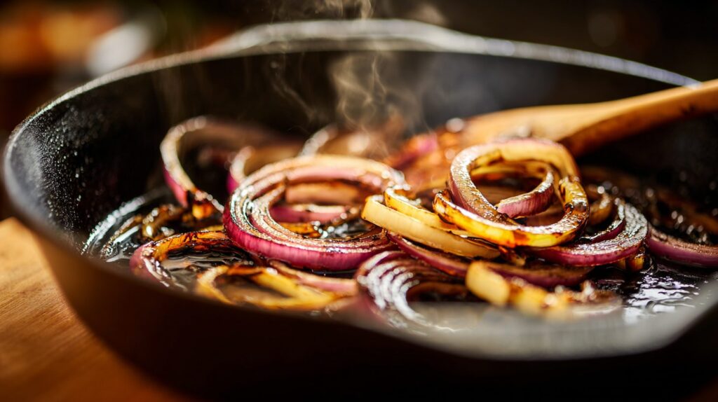 Tiras de cebolla caramelizándose oscuras y brillantes en una sartén con balsámico