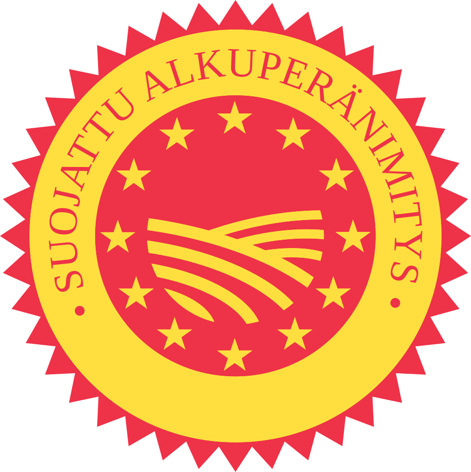 EU:n suojatun alkuperänimityksen merkki punaisena ja keltaisena