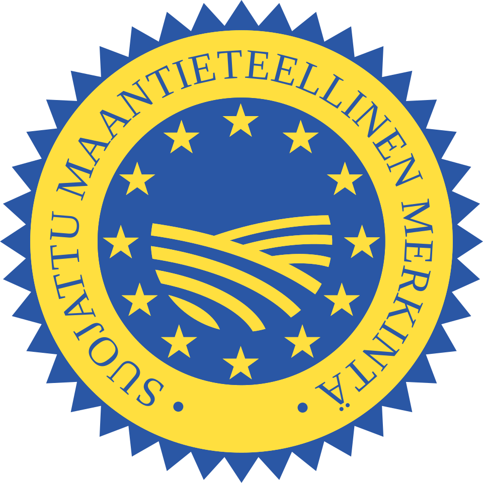 EU:n suojatun maantieteellisen merkinnän tunnus sinisenä ja keltaisena